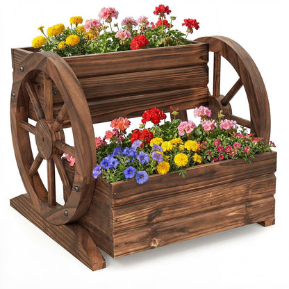 Byroce Wooden Wagon Planter Box, 2-Tier Raised Garden Bed with Drainage Holes for Flowers, Vegetables & Herbs, Indoor Outdoor Decorative Wheel Cart for Patio, Yard & Balcony, Rustic (1)