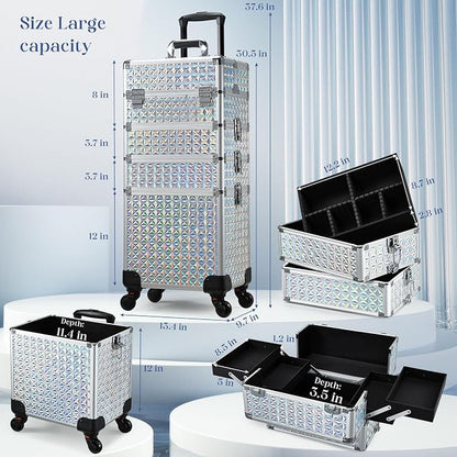 Stagiant Rolling Makeup Case Cosmetology Case on Wheels 4 in 1 Large Cosmetic Organizer Train Case Makeup Travel Case with Key Nail Artist Salon Storage Traveling Cart Big Trunk Shiny Silver