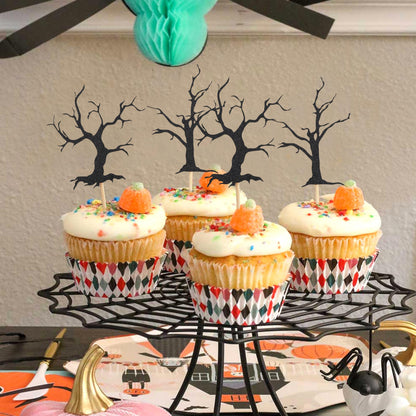 Haunted Forest Halloween Cupcake Topper - Haunted House Theme Baby Shower Party Decoration, Black Glitter Spooky Tree Cupcake Decoration, Halloween Birthday Party Supplies, Cake Smash Photo Props