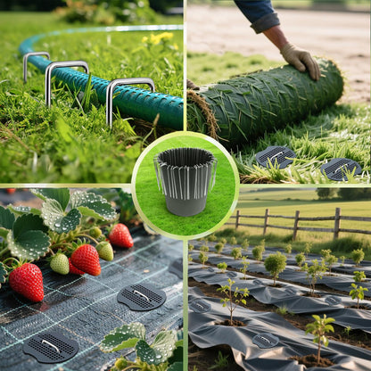 YACOO 6 Inch Landscape Staples Set, 11 Gauge Galvanized U-Shaped Garden Stakes (100 Pack) with Gaskets, Hook Tool & Rubber Mallet for Weed Fabric & Landscaping