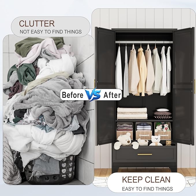 71"H Metal Tall Armoire Wardrobe Closet with Drawer,Household Steel Wardrobe Closet Cabinet with Drawers,Clothing Storage Wardrobes Cabinet with Adjustable Shelves and Hanging Rod For Bedroom