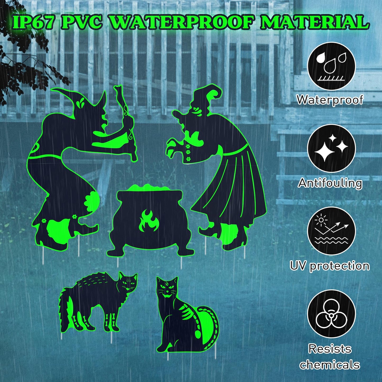 Halloween Yard Signs Decorations Outdoor - 5 Pack Large PVC Witch with Glow in The Dark, Warerproof Black Cat and Cauldron Decor, Halloween Decor with Stakes for Lawn Garden