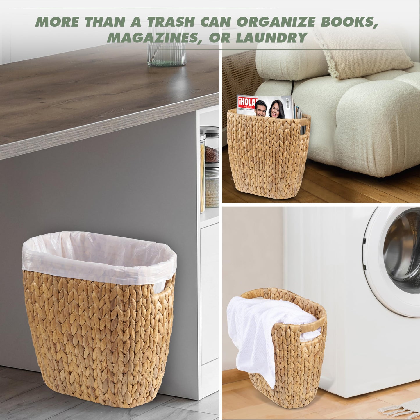 BLUEWEST 3.5 Gallons Wicker Trash Can, Wicker Rattan Bathroom Trash Can with Built-in Handle, Large Handwoven Hyacinth Waste Bin for Office, Bedroom, Living Room, and Kitchen