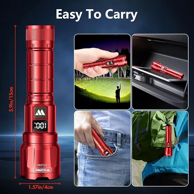 WdtPro LED Rechargeable Flashlight 2 Pack, 3 Modes Super Bright High Lumens Flashlights, Zoomable Tactical Flash Light with LCD Display, IP65 Waterproof Flashlights for Home Emergency Camping - Red