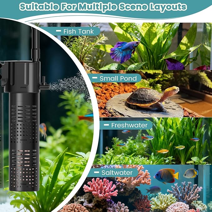 hygger Internal Aquarium Filter, 5-in-1 Submersible Power Fish Tank Filter, Adjustable Wave Maker & Air Bubbler, Quiet Turtle Tank Filter for 15-30 Gallon Freshwater Saltwater, 210GPH, 10W