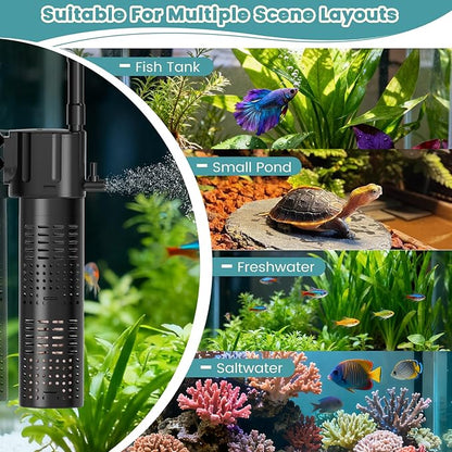 hygger Internal Aquarium Filter, 5-in-1 Submersible Power Fish Tank Filter, Adjustable Wave Maker & Air Bubbler, Quiet Turtle Tank Filter for 15-30 Gallon Freshwater Saltwater, 210GPH, 10W