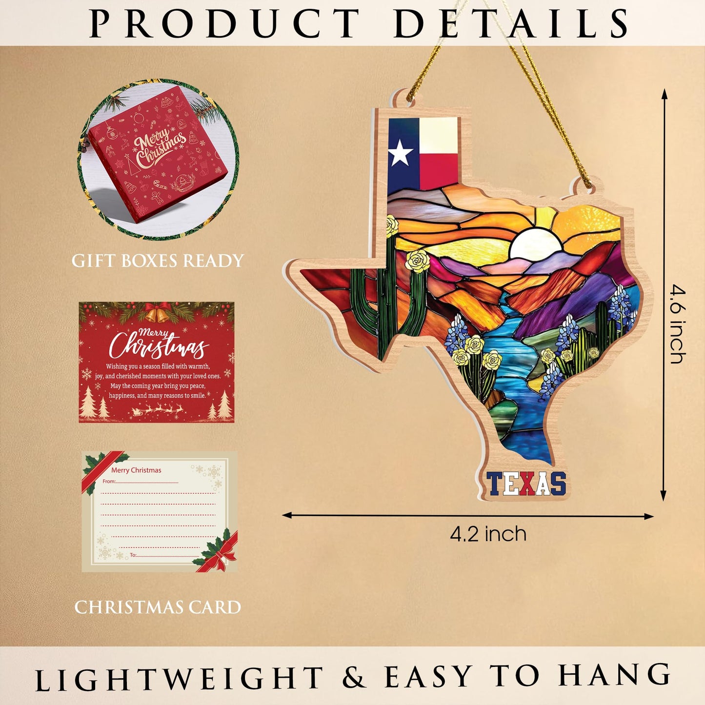 Texas Stained-Glass Look Ornament, Double-Layer Wood & Acrylic State Shape with Flag, Bluebonnets & Cactus, Christmas Ornament for Tree, Ready-to-Gift
