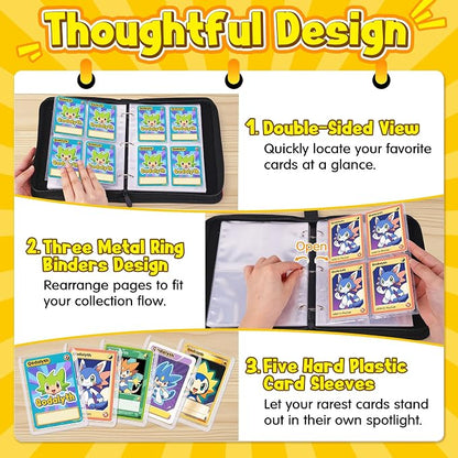 Card Binder – 4 Pocket Zipper Collection Album, Premium PU Holder, Double-Sided Display for 400 Cards, Includes 5 Hard Plastic Sleeves for Game Cards, Sports Cards(Fire)