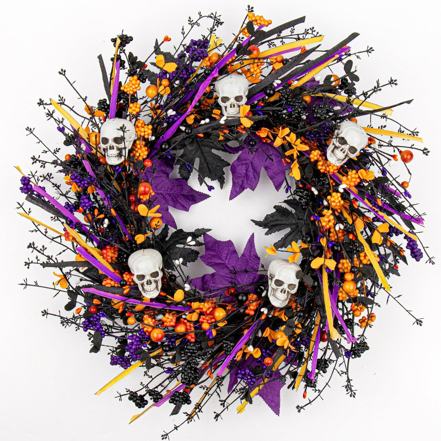 LLZLL Halloween Wreaths for Front Door 22 Inch Halloween Wreath Artificial Skull Wreath with Maple Leaves and Berries for Gothic Decoration