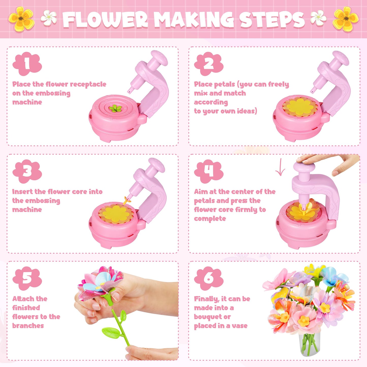 Fabric Flower Bouquets Toys, DIY Craft Kits Toys for Kids - Flowers Market Toy, Build Your Flower Bouquet, Arts & Crafts for 4+ Year Toddler Girl, Educational Activity Preschool B-Day Gifts