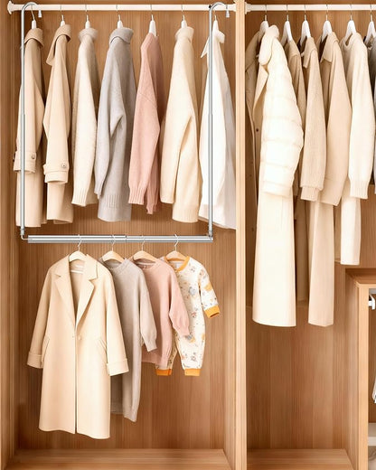 Hanging Closet Rod, Adjustable Height & Width Closet Rods for Hanging Clothes-Closet Extender Hanging Rod Space-Maximizing Design Suitable for Hanging and Drying Clothes, Silver