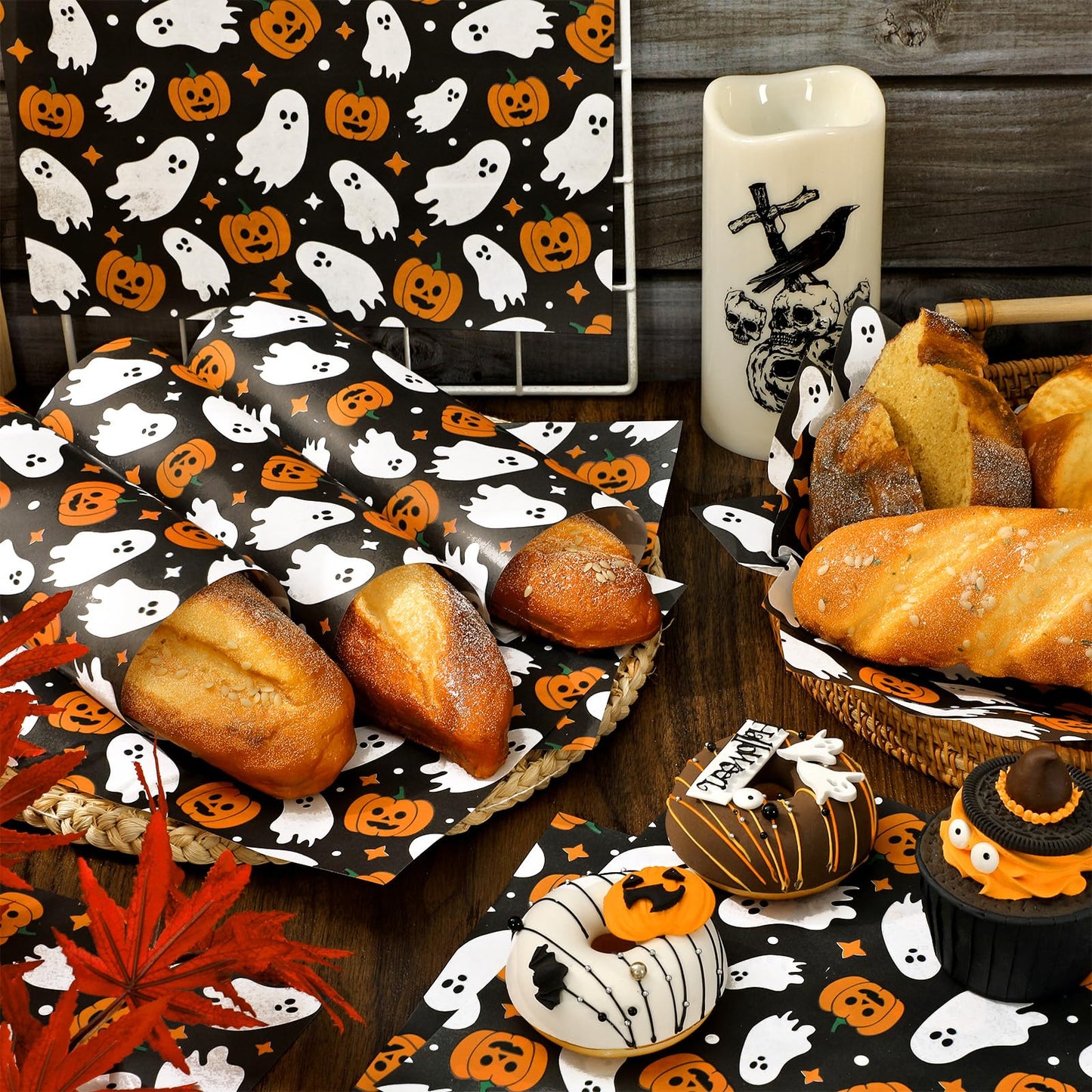 JarThenaAMCS 150Pcs Halloween Wax Paper Pumpkin Boo Ghost Deli Paper Black Sandwich Wrap Paper Tissue Waterproof Oil-Proof Picnic Liners for Party Kitchen Supplies, 9.8 x 8.3 Inch