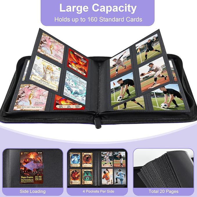 BYSTER 4 Pocket Card Binder, Premium PU Trading Card Binder with Zipper, 160 Capacity Side-Loading Binder for TCG, MTG, Sports Cards, Game Cards, Purple