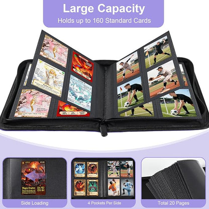 BYSTER 4 Pocket Card Binder, Premium PU Trading Card Binder with Zipper, 160 Capacity Side-Loading Binder for TCG, MTG, Sports Cards, Game Cards, Purple