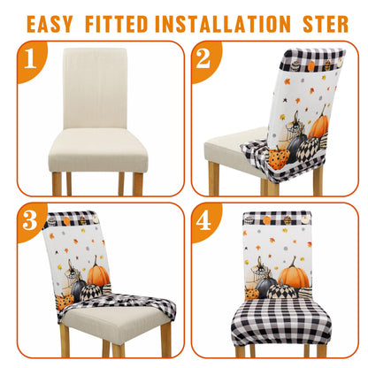 Wscdovf Halloween Chair Covers Set of 6, Fall Pumpkin Black/White Buffalo Plaid Chairs Slipcover for Dining Room, Removable Washable Breathable Cover in The Kitchen Restaurant Holiday Decor