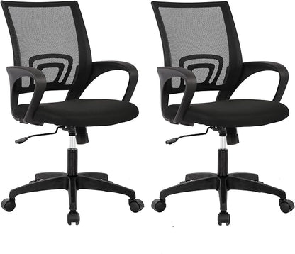 BestOffice | Ergonomic Office Chair | Mid-Back Swivel Desk Chair | Breathable Backrest & Lumbar Support | Adjustable Height | Sponge Seat | Rolling Wheels | Black | for Adults & Women | Pack of 2
