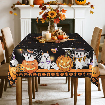 Arquiel Halloween Ghost Pumpkin Tablecloth Waterproof, Black Orange Plaid Table Cloth Rectangle, Washable Table Cover for Halloween Party Home Kitchen Decoration (60×104 Inch)