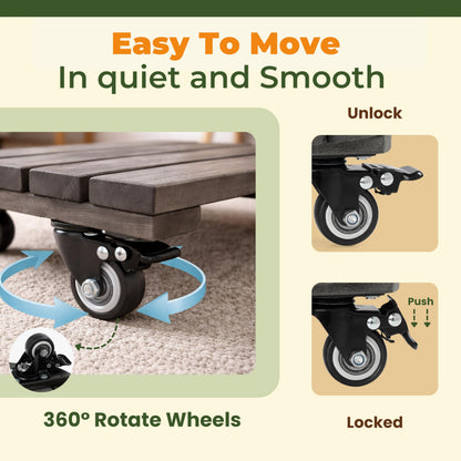 Jurax 14 Inch Wood Plant Caddy with Wheels – Heavy Duty Plant Dolly Holds Up to 286 lbs, 360° Lockable Casters, Rolling Plant Stand Indoor Outdoor for Large Pots – 2 Packs, Square-Rustic