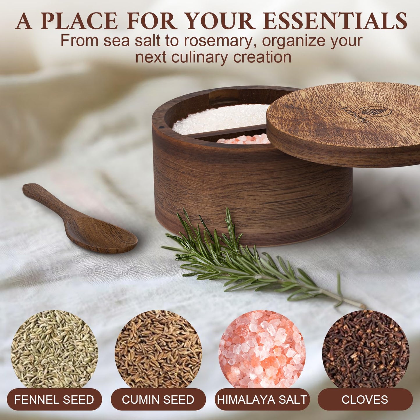Vorisebo Acacia Wood Salt Container with Built-in Spoon, Elegant Salts Holder with Magnetic Swivel Lid, Salt Box for Kitchen to Storage Pepper, Spice or Favorite Seasonings, 5OZ (Two Compartments)