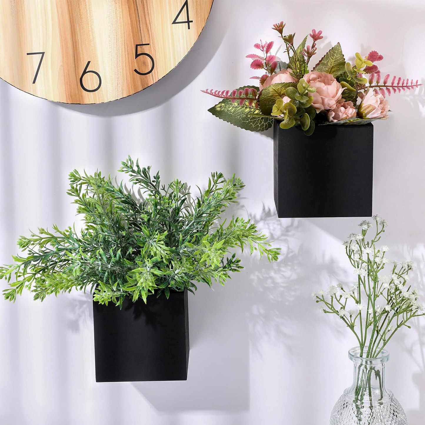 SiliFine 2 Pack Wall Flower Vase Wood Vases for Flowers Wall Planter Box Square Wood Decor Plants Pocket for Outdoor Plants Dried Flowers Greenery Hanging Vase Country Rustic Home Decor