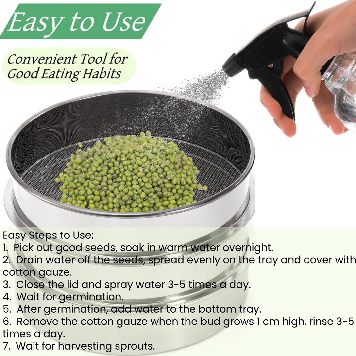 Tlence 9" Stackable Stainless Steel Seed Sprouting Kit, 3-Tier Mesh Germination Tray, Seed Sprout Grower with Lid Base, Microgreens Propagator for Beans Peas Broccoli Wheat Grass, Soil Free