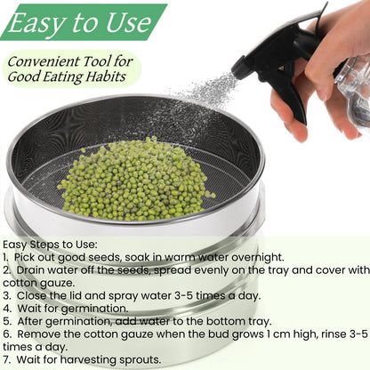 Tlence 9" Stackable Stainless Steel Seed Sprouting Kit, 3-Tier Mesh Germination Tray, Seed Sprout Grower with Lid Base, Microgreens Propagator for Beans Peas Broccoli Wheat Grass, Soil Free