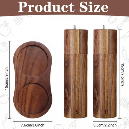 Wooden Salt and Pepper Grinder Set, 8 Inch Manual Mill with Tray, Adjustable Coarseness, Refillable Acacia Wood Grinders for Kitchen, Home, and Gift (Brown)