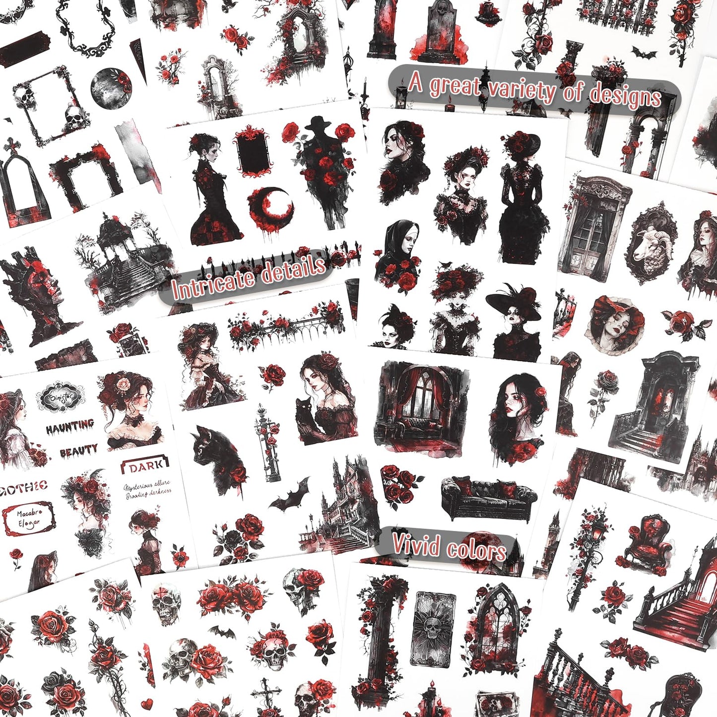 Dizdkizd Gothic Girls Sticker Book for Journaling, Scrapbooking, 190 Pre-Cut Cool Darker Vintage Stickers for Adults, PET and Paper Junk Journaling Supplies