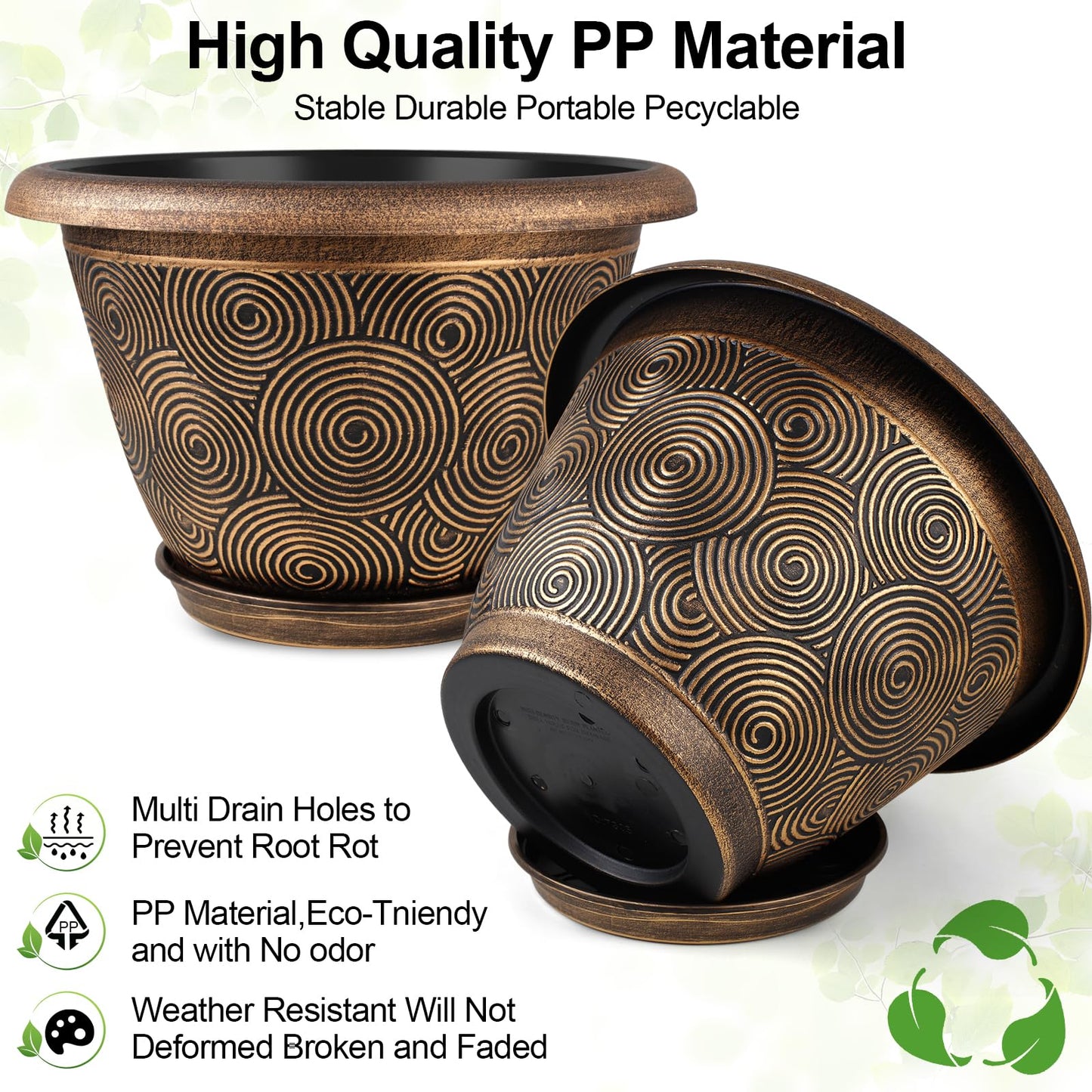 Fodetyff 10 Inch Flower Pots Planters for Indoor Outdoor Plants, 3 Pack Plastic Large Plant Pots with Drainage Hole & Tray, Modern Decorative Garden Pot with Saucer, Plant Container for House