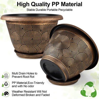 Fodetyff 10 Inch Flower Pots Planters for Indoor Outdoor Plants, 3 Pack Plastic Large Plant Pots with Drainage Hole & Tray, Modern Decorative Garden Pot with Saucer, Plant Container for House
