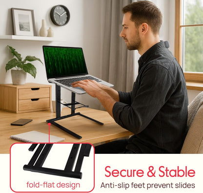 Pyle Portable Folding Laptop Stand - Foldable Laptop Stand with Adjustable Height, Secondary Accessory Tray for iPad, Tablet, DJ Mixer, Workstation, Gaming, Home Use and Carrying Bag Included