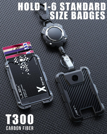 LIUGX Retractable Badge Holders,Carbon Fiber Badge Holder,Heavy Duty Carabiner Keychain, Durable ID Card Holder (Holds 6 Cards), with 31.5” Badge Reel Key Chain, 10,000+ Rebound,Silver-Black