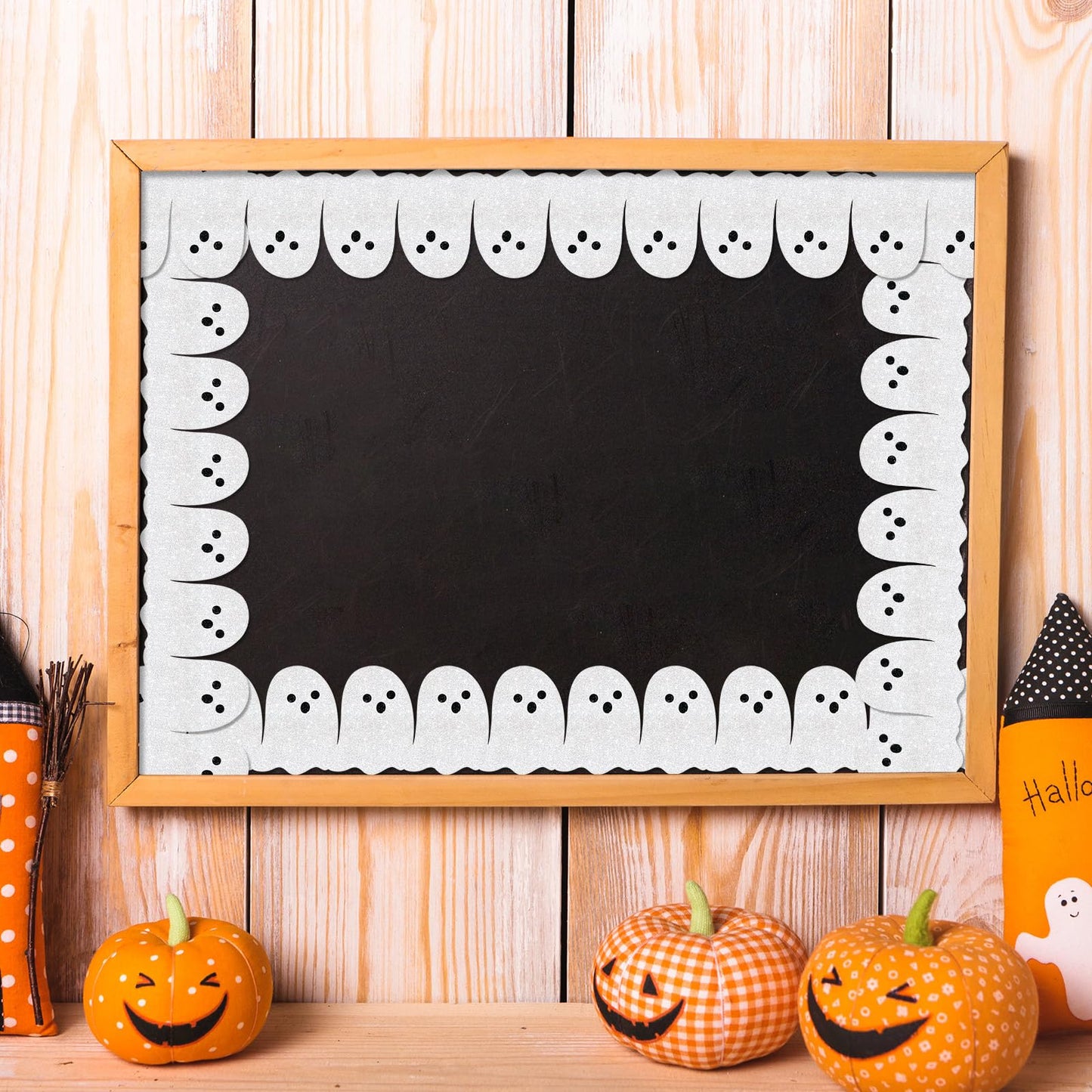 Whaline 65.6Ft Halloween Bulletin Board Border Glitter White Ghost Die Cut Trim Border Roll for Spooky Chalkboard Wall Decor