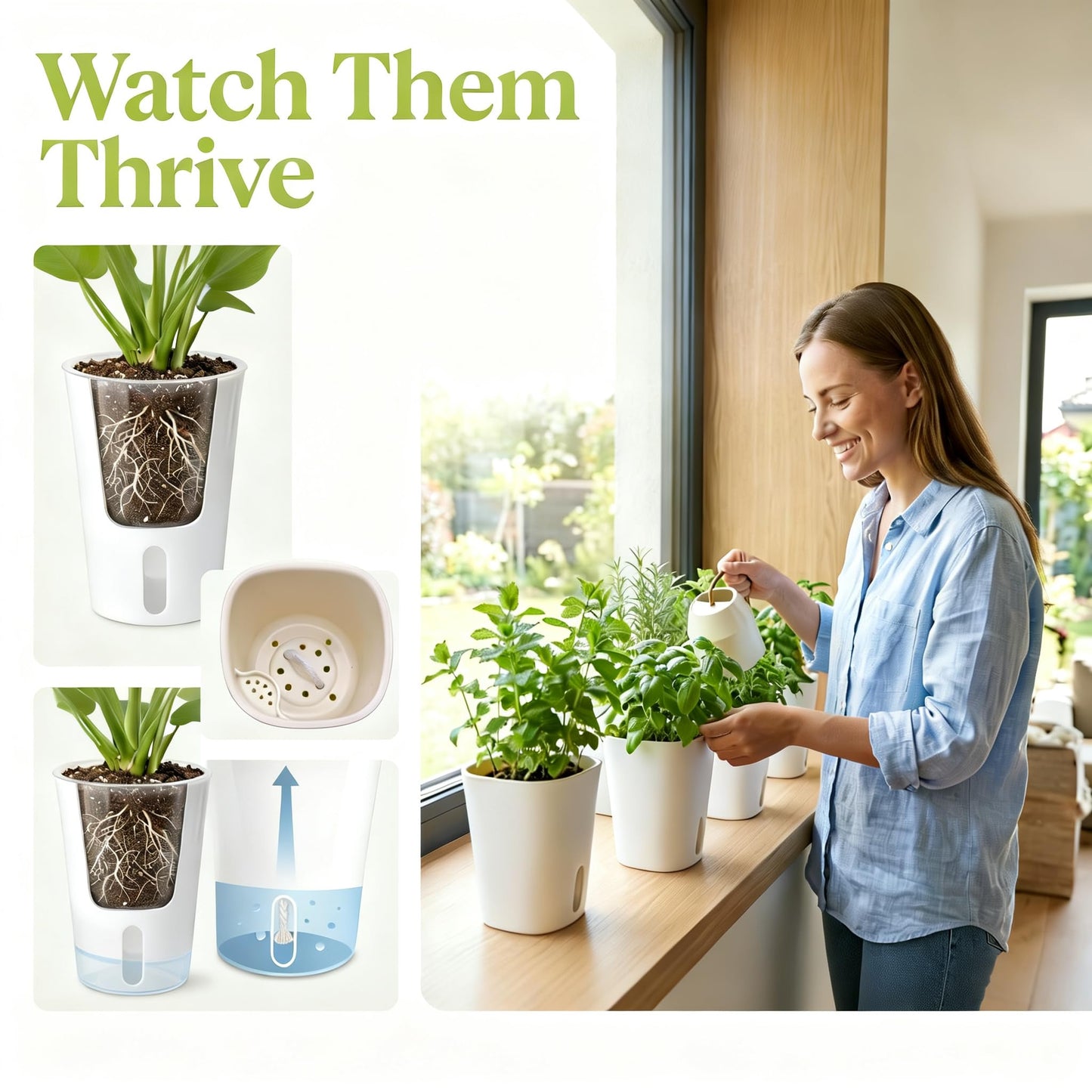 8 Pack 4" Mini Self Watering Pots for Indoor Plants, Small Clear Plastic Planters, Plant Watering Cups with Level Indicator Vents & Drainage Holes, Wick, for Seedlings, Cuttings, Herbs (8, 4 Inch)