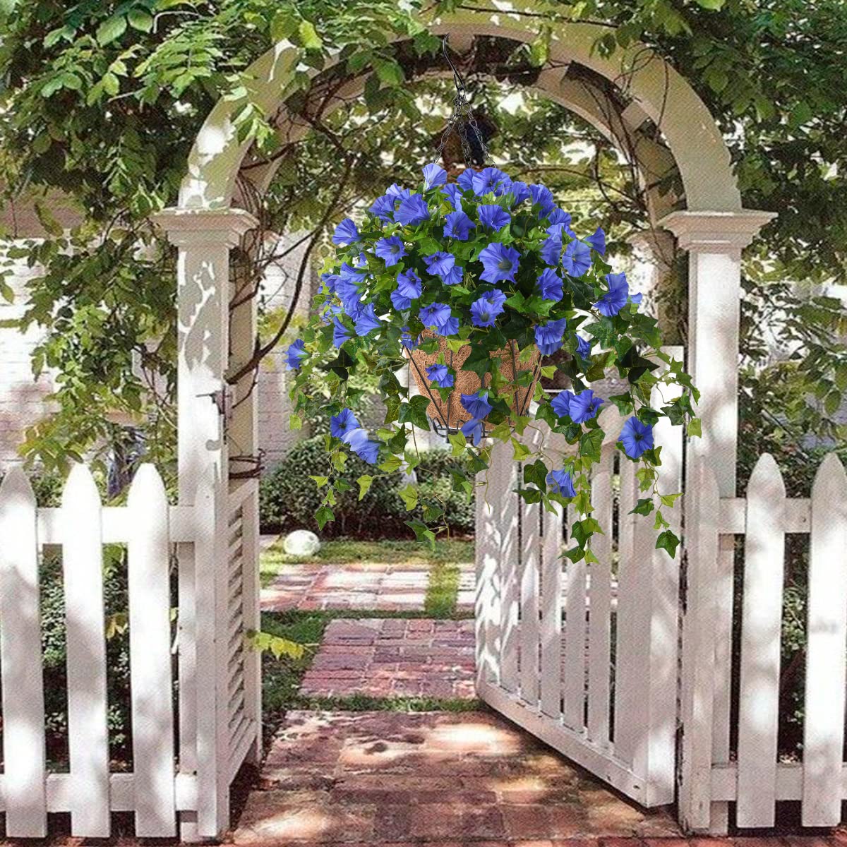 Homsunny Artificial Vine Silk Petunia Flowers, Fake Hanging Plant in Basket, Coconut Lining Pot Porch Decoration for Patio Lawn Garden Spring Summer Decor(Blue)
