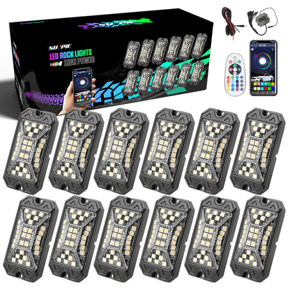 SUNPIE 12 Pods RGBW Rock Lights – Full Beam Angle, 30 High Power Chips, Aluminium Housing, Mounting Pads Included, IP67 Waterproof, Music Mode Underglow Lights, Fits Trucks, SUV, ATV, UTV, Boats