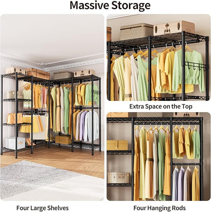 Golpart Heavy Duty Garment Rack Clothes Rack,Large Metal Closet Organizer System Storage Wardrobe,Freestanding Clothing Rack with Adjustable Wire Shelves& Hang Rods,MaxLoad 1100lbs