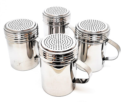 KERAM Metal Salt and Pepper Shakers, Dredge 10 Oz, Pack of 4, powdered sugar/cinnamon/flour/spice/seasoning shaker duster with holes, handle and lids restaurant supplies outdoor kitchen accessories