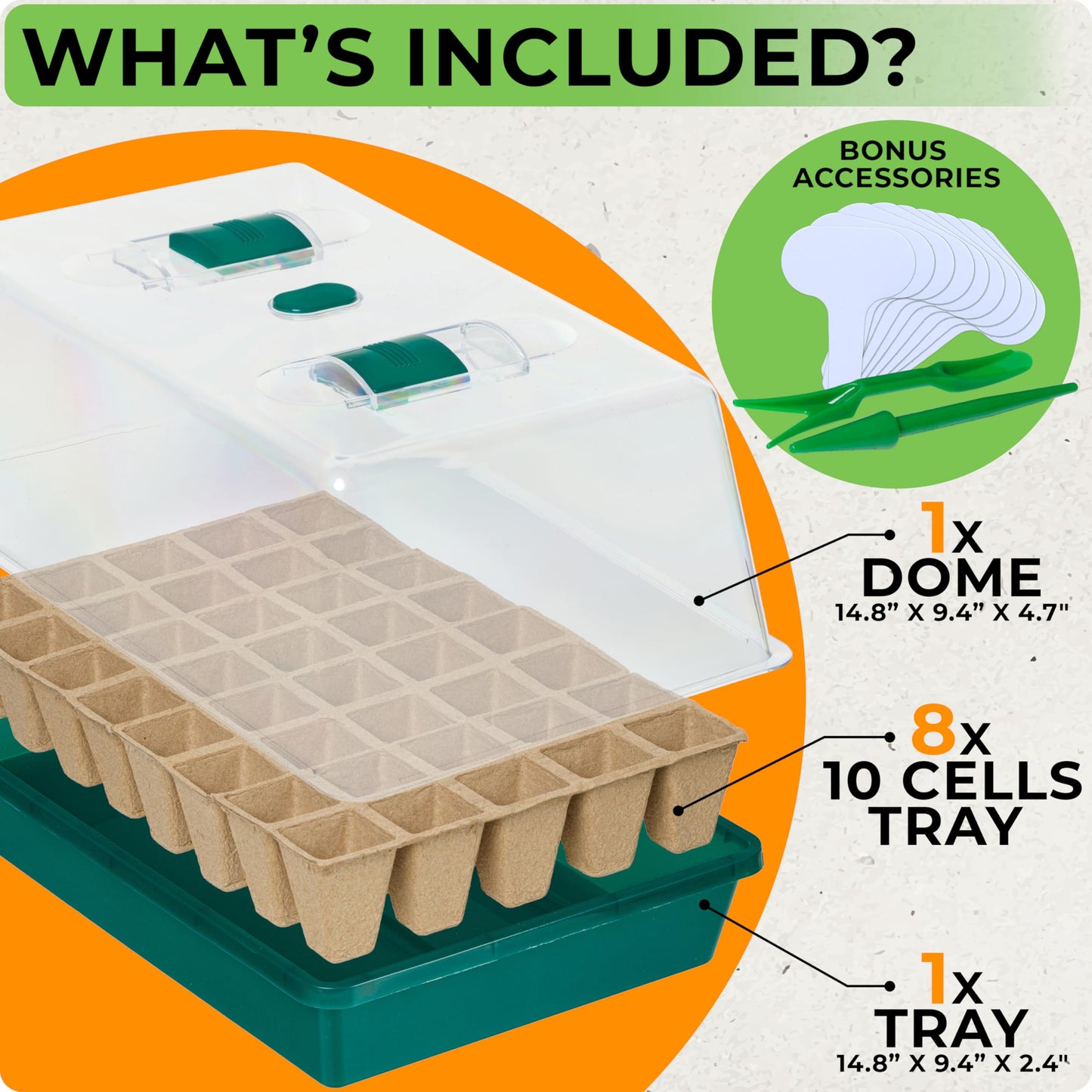 CARPATHEN Seed Starter Tray -Seed Starting Tray with Humidity Dome and 80 Peat Pots + Indoor Greenhouse with Grow Lights - with 2 Dimmable 15W Full Spectrum LED Light Strips and Spectrum Control