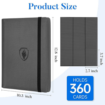 Premium 9 Pocket Card Binder for 360 Cards, Fabmaker PU Cover Trading Card Binder, Sturdy Card Collection Album, Sleek Card Holder Folders for Game Cards & Sports Cards, Grey