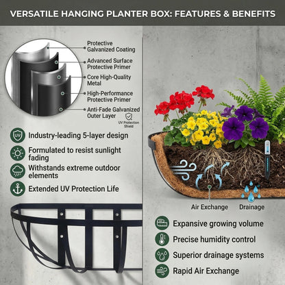 ZVOWOS 2 Pack 36" Railing Planter Window Box with Coco Fiber Liner Horse Trough Planter The Railing Planter Boxes for Deck Porch Fence Outdoor