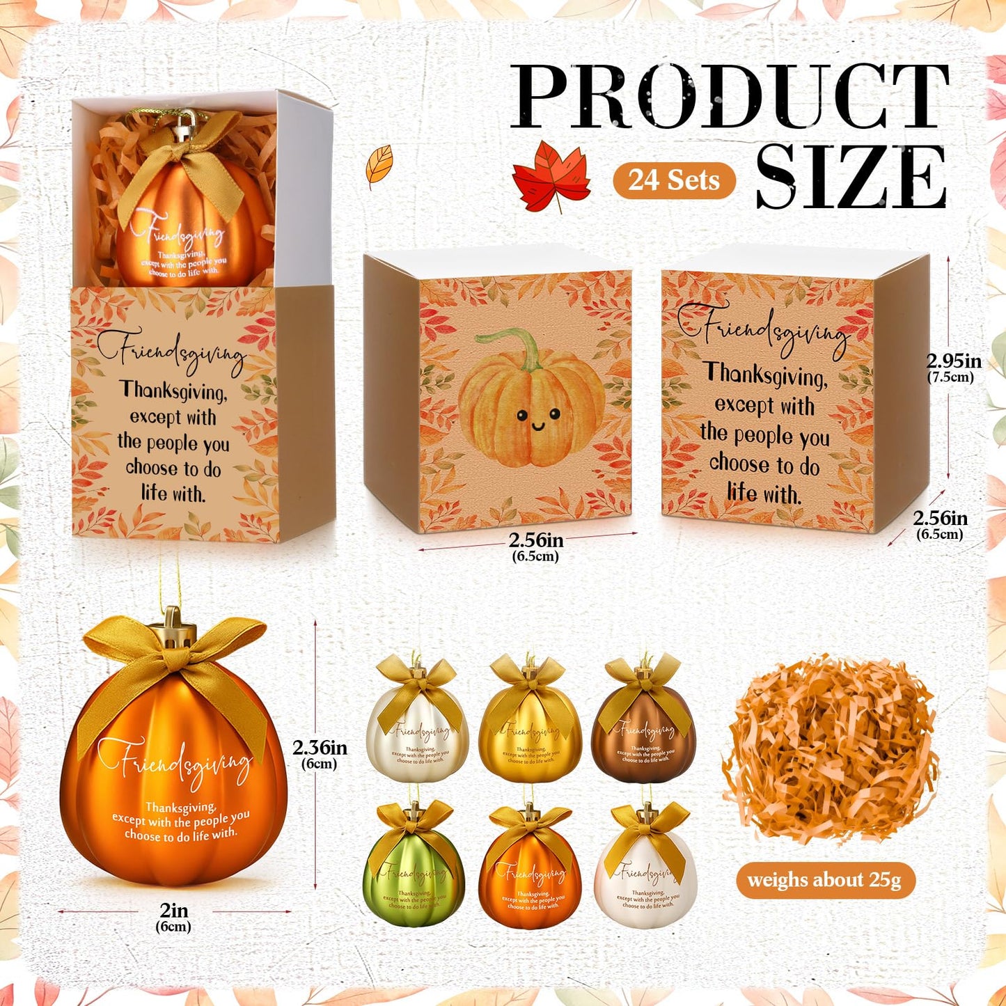 Jenaai 24 Sets Christmas Friendsmas Gifts Bulk Fall Flat Pumpkin Christmas Tree Ornaments Mini Fall Flat Pumpkin Hanging Ornaments with Thank You Box Tree Ball Decorations for Friends Sisters Women