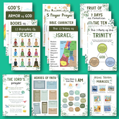 Excool Club Sunday School Decorations For Classroom - 16 Book Of The Bible Posters For Kids, Ten Commandments Fruit Of The Spirit Wall Art, Bible Study Supplies For Christian Classroom Decor (11"x17")