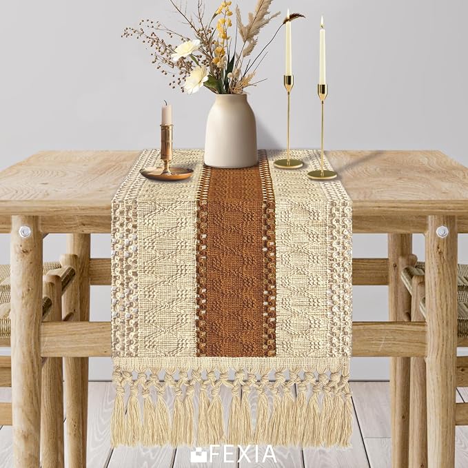 FEXIA Boho Table Runner 36 Inches Long Macrame Summer Decor Coffee Table Cover Farmhouse Stylewith Tassels for Party Bohemian Rustic Wedding Bridal Shower Dining Room Middle Brown (12x36 Inches)