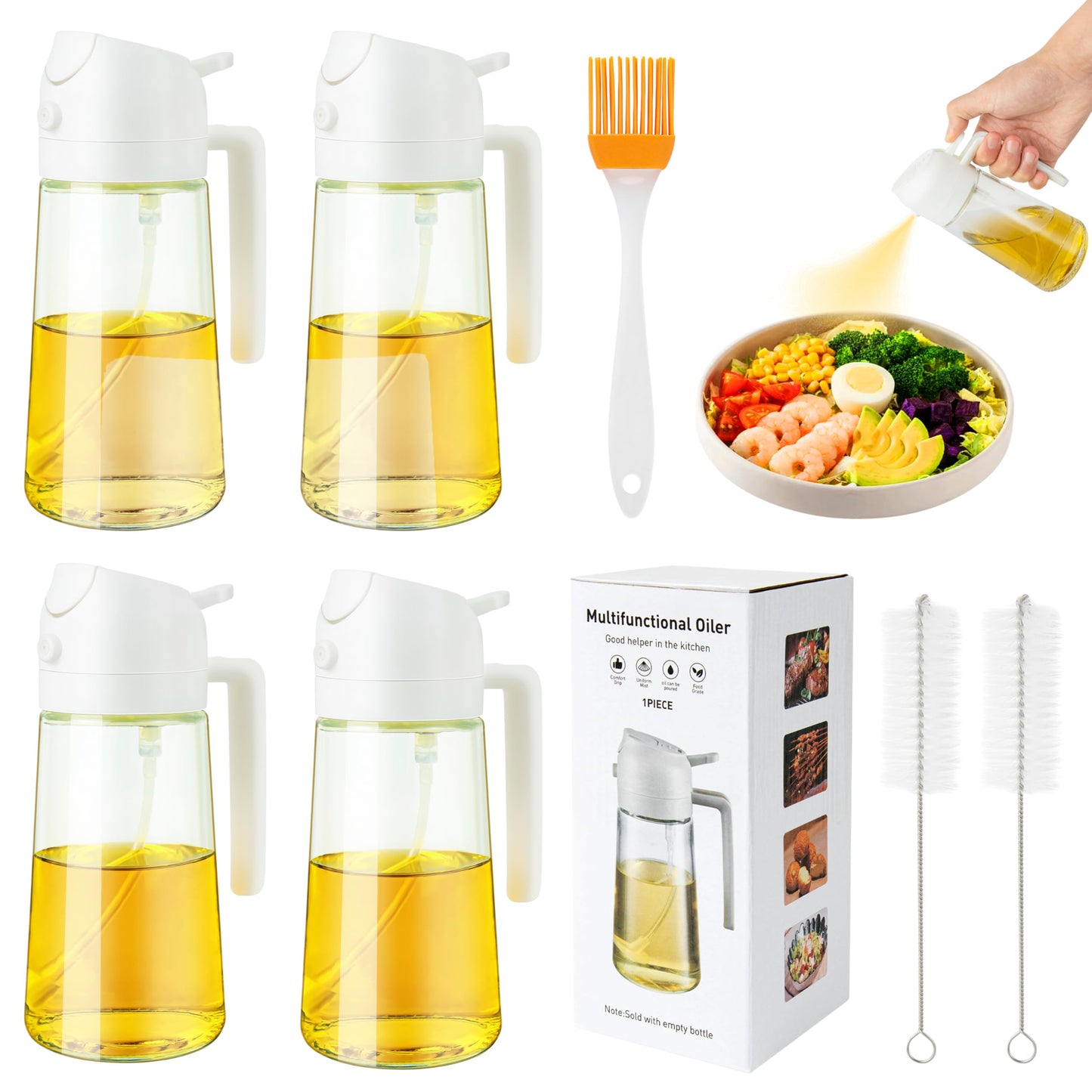 Ponpon Oil Sprayer for Cooking, 16oz Olive Oil Spray Bottle, Oil Dispenser for Kitchen for Barbecue, Salad, Cooking, Baking (Black)