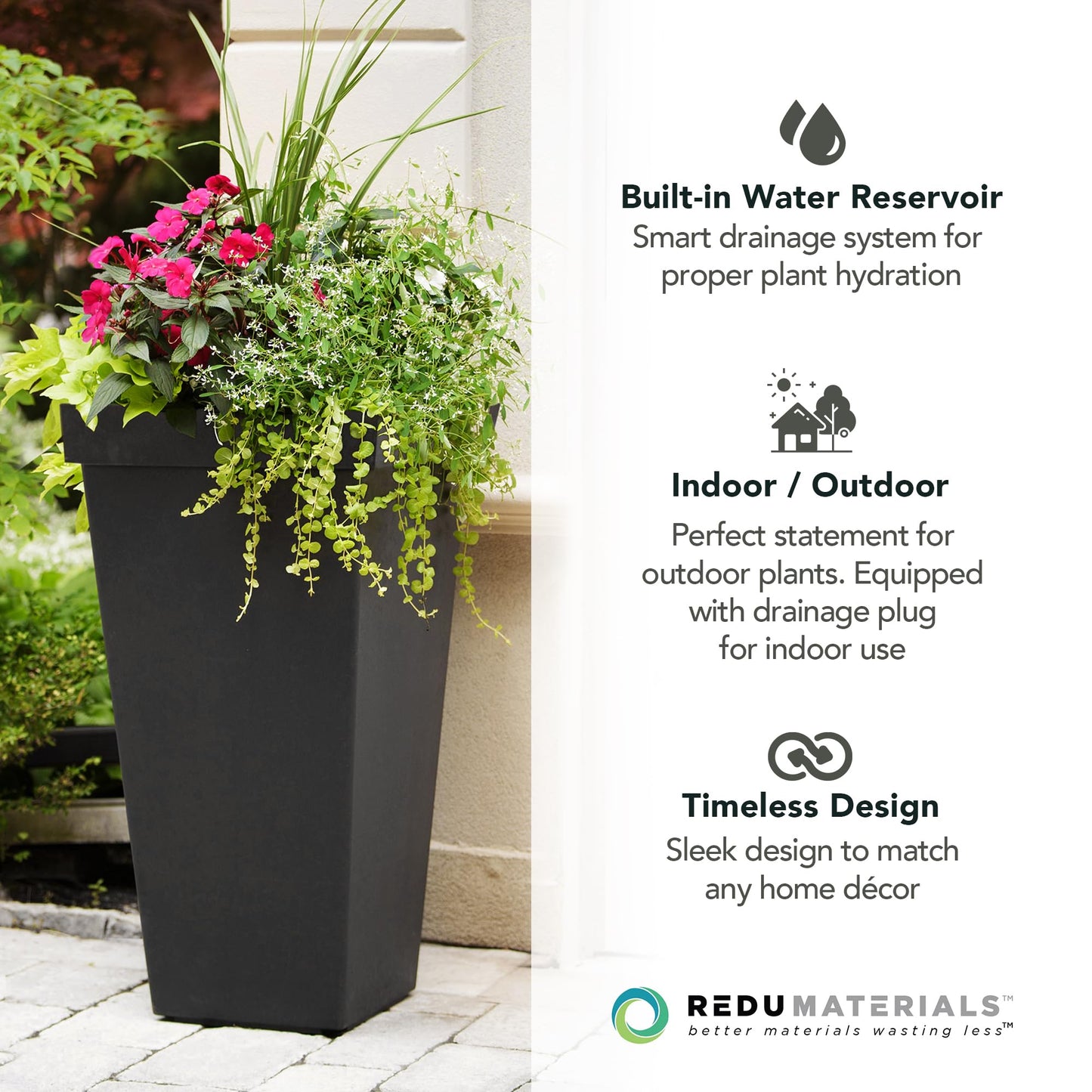 Tierra Verde Indoor & Outdoor Self-Watering Square Planter, Symphony, 15" x 28", Black - Planting Containers for Plants and Flowers - Gardening and Landscaping Accessories