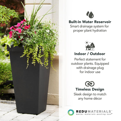 Tierra Verde Indoor & Outdoor Self-Watering Square Planter, Symphony, 15" x 28", Black - Planting Containers for Plants and Flowers - Gardening and Landscaping Accessories