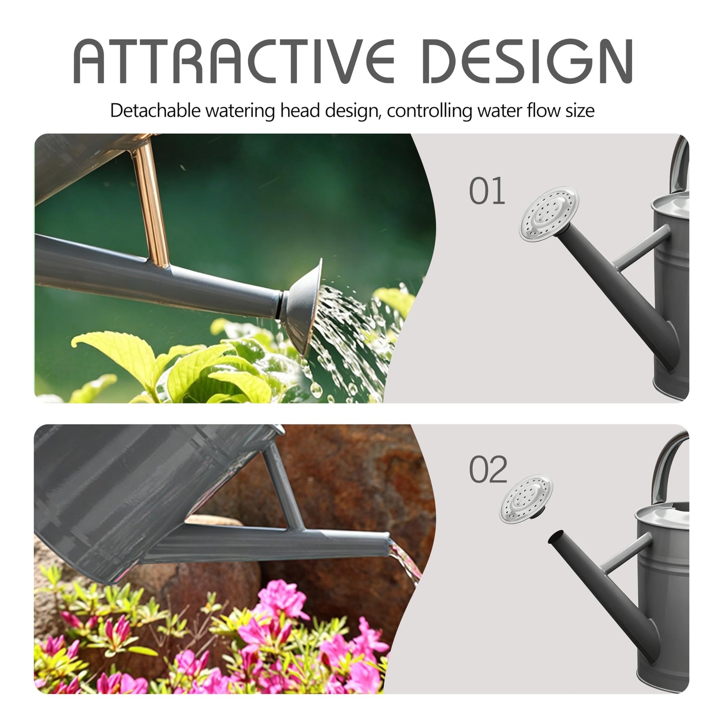 SunnyTong Metal Watering Can for Outdoor and Indoor Plants, Watering Can Decor, 1 Gallon (Gray)