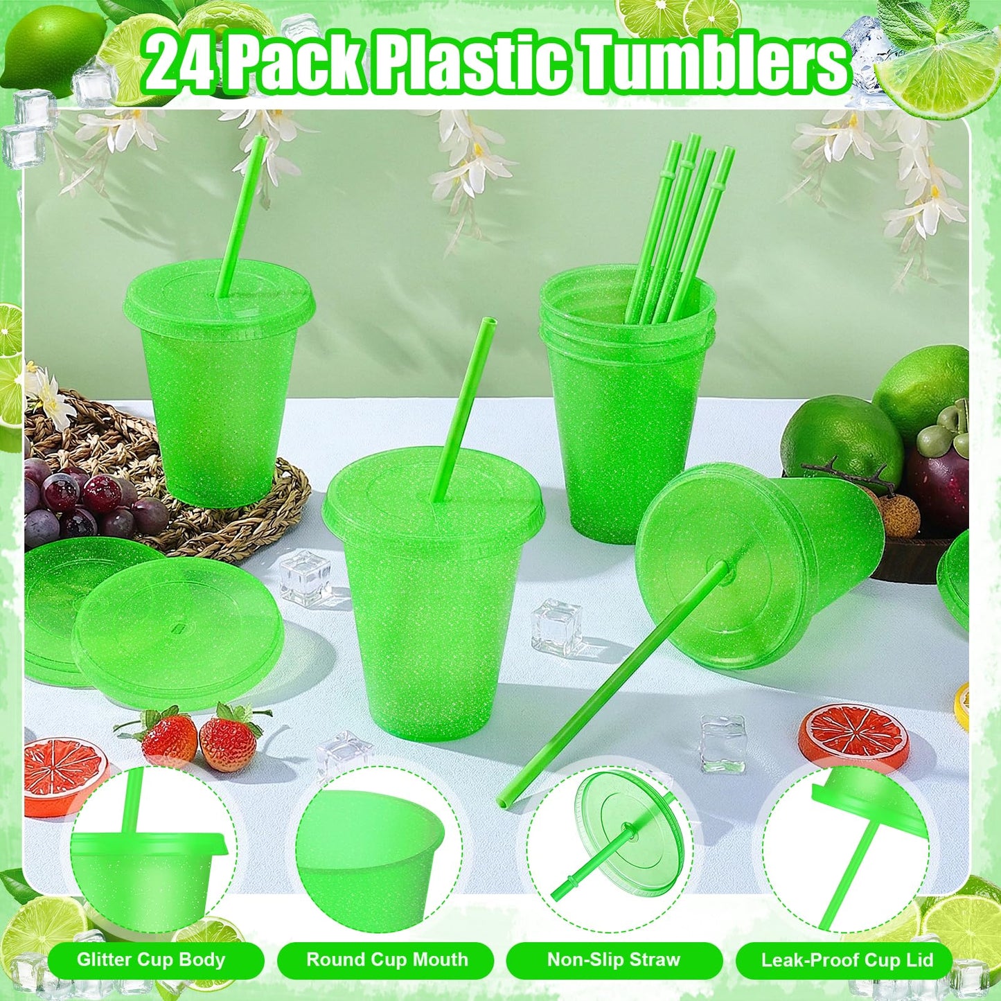 LEIFEOSH 24 Pcs Plastic Tumblers with Lids and Straws, Reusable Cups with Lids Plastic Colorful Cups for Party Birthday, Iced Coffee Cup Travel Mug Cold Drink Cups Tumblers Bulk (16 oz, Green)