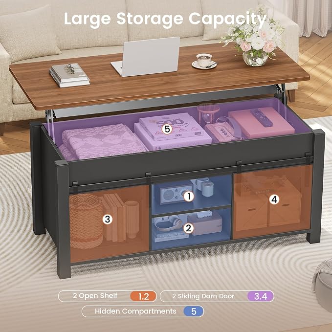 SEDETA Lift Top Coffee Table, Farmhouse Lift Tabletop Dining Table, Gas Spring, Hidden Compartment, Open Storage Shelf, for Living Room, Black Brown